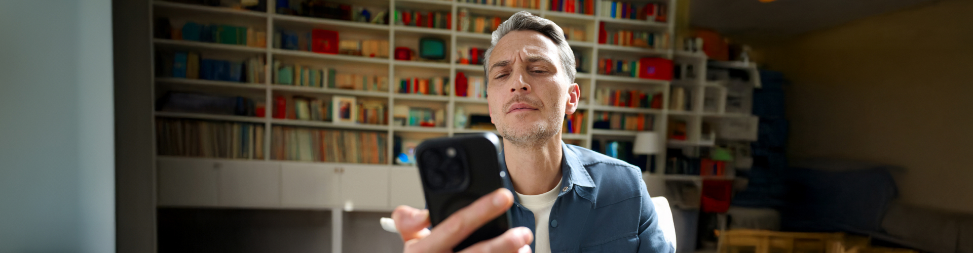 Man sitzt vor einem Bücherregal und versucht etwas auf seinem Handy lesen zu können