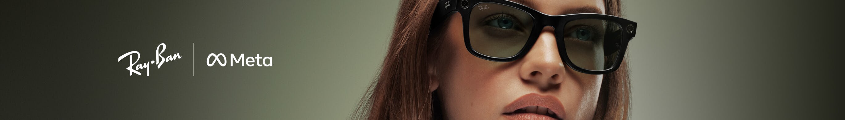 A close-up of a woman with long, wavy brown hair wearing black sunglasses against a neutral background with Ray-Ban and Meta logos.