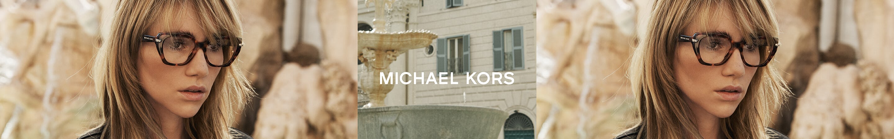Merkbanner Michael Kors vrouw met bruine Michael Kors bril.