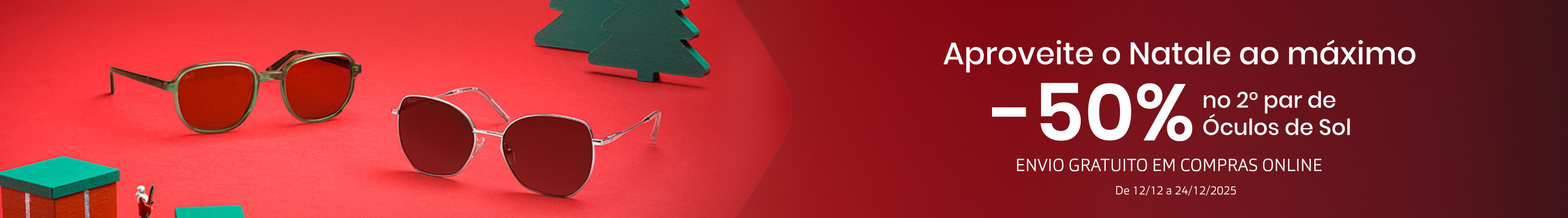 Banner de Natal com óculos de sol e promoção de até 50% de desconto no segundo par.