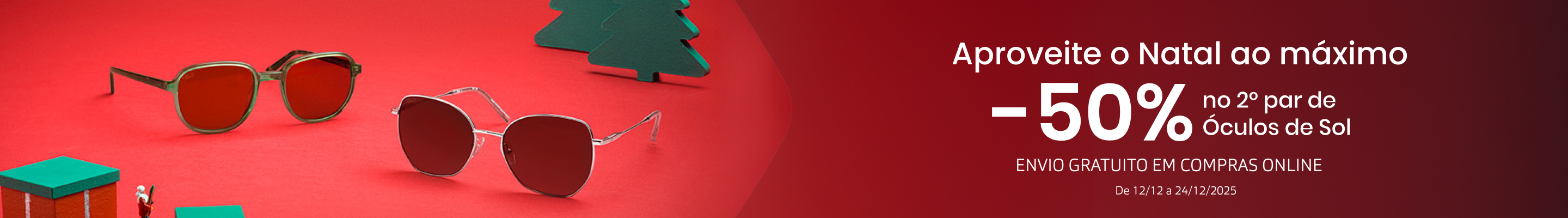 Banner de Natal com óculos de sol e promoção de até 50% de desconto no segundo par.