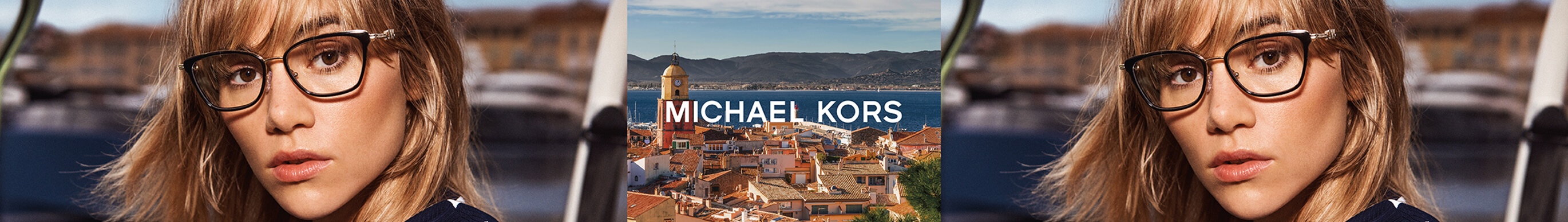 Merkbanner Michael Kors vrouw met Michael Kors bril.