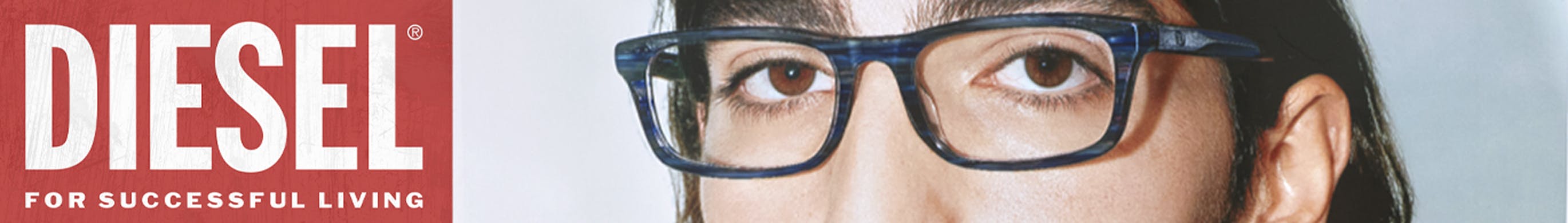 Close-up campaign image from the Diesel Spring/Summer 2026 eyewear collection featuring a model wearing bold rectangular blue optical frames against a soft neutral background with the Diesel logo.
